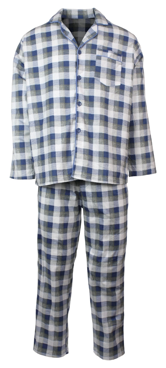 Mens Flannelette Pyjama Set Sleepwear Soft 100% Cotton PJs Two Piece - Light Blue Check - S - Image 2