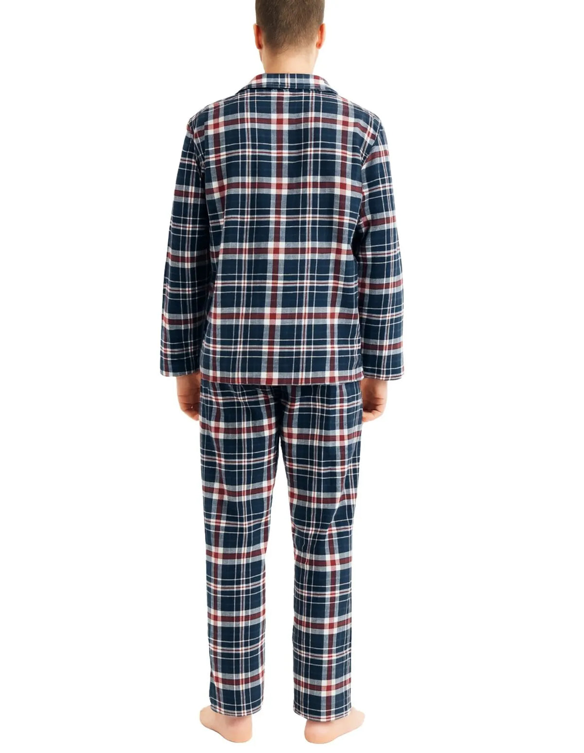 Mens Flannelette Pyjama Set Sleepwear Soft 100% Cotton PJs Two Piece - Navy/Red Check - Image 5