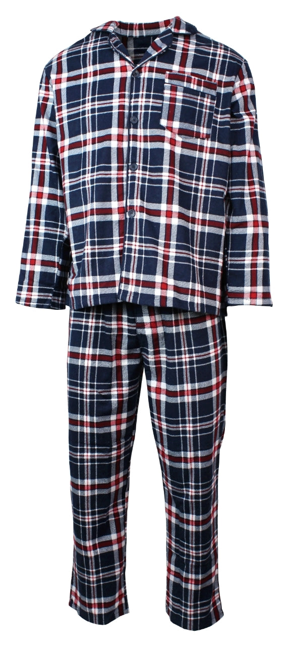 Mens Flannelette Pyjama Set Sleepwear Soft 100% Cotton PJs Two Piece - Navy/Red Check - S - Image 2