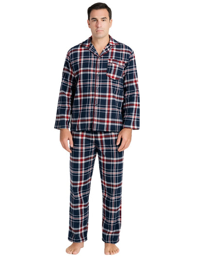 Mens Flannelette Pyjama Set Sleepwear Soft 100% Cotton PJs Two Piece - Navy/Red Check - S - Image 4