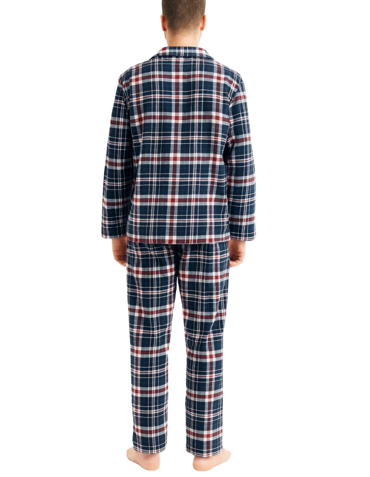 Mens Flannelette Pyjama Set Sleepwear Soft 100% Cotton PJs Two Piece - Navy/Red Check - S - Image 5