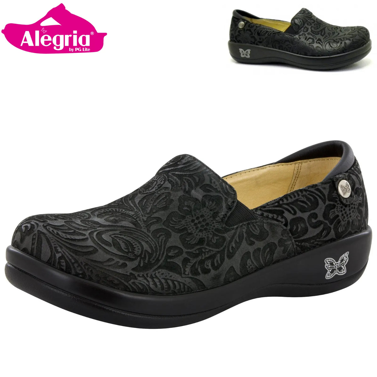 ALEGRIA Keli Nursing Shoes Slip On Womens Work Working Hospitality - Black Embossed Paisley - Image 4