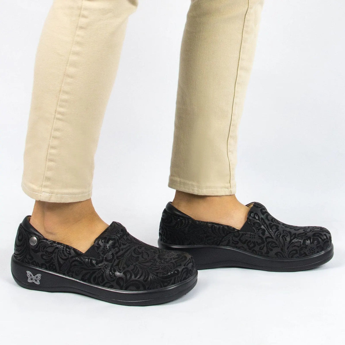 ALEGRIA Keli Nursing Shoes Slip On Womens Work Working Hospitality - Black Embossed Paisley - Image 5