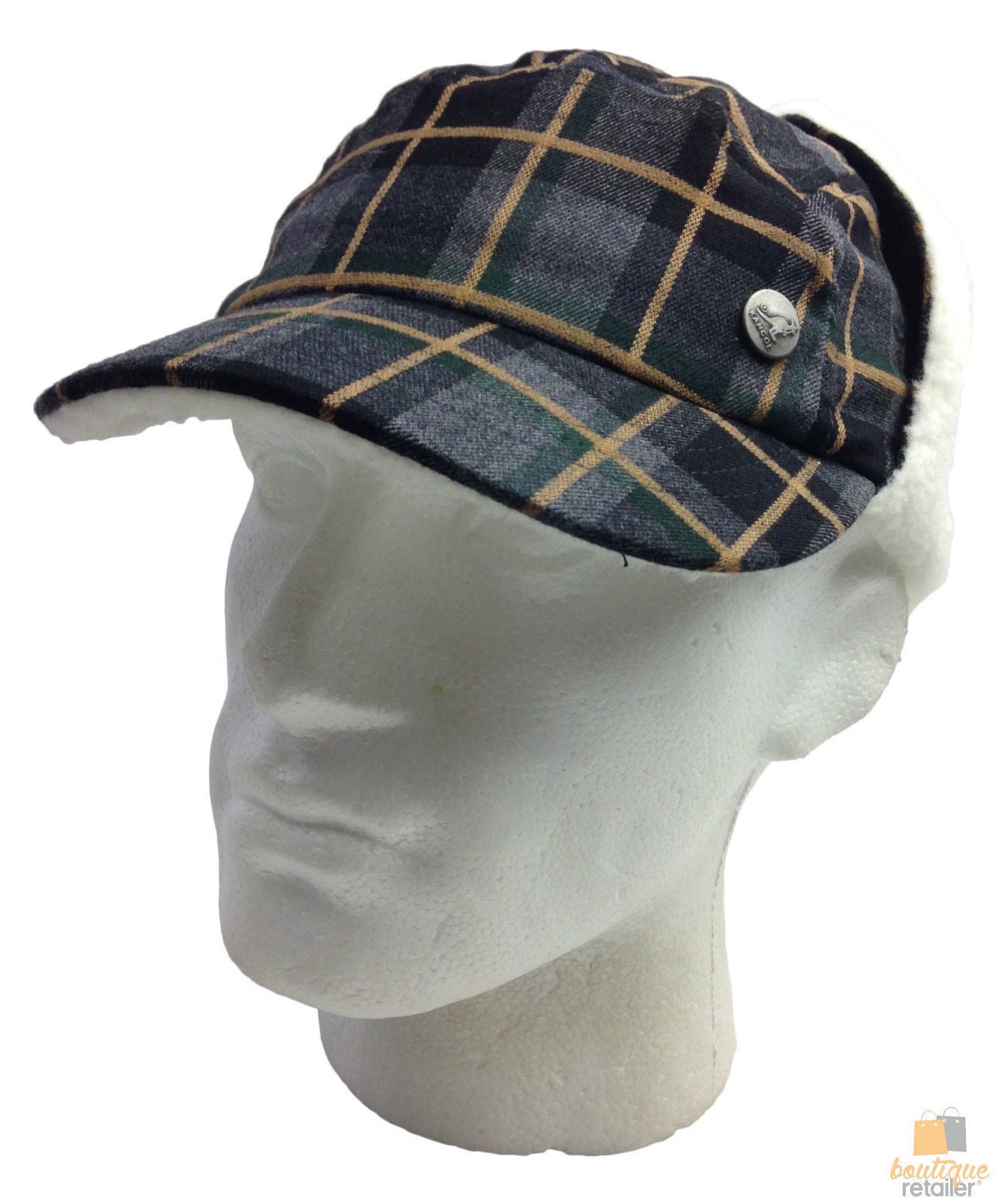 KANGOL Plaid Supre Ushanka Sherpa Chullo Lined Hat Warm Winter Ear Trapper Flying - Grey/Black - S/M - Image 2