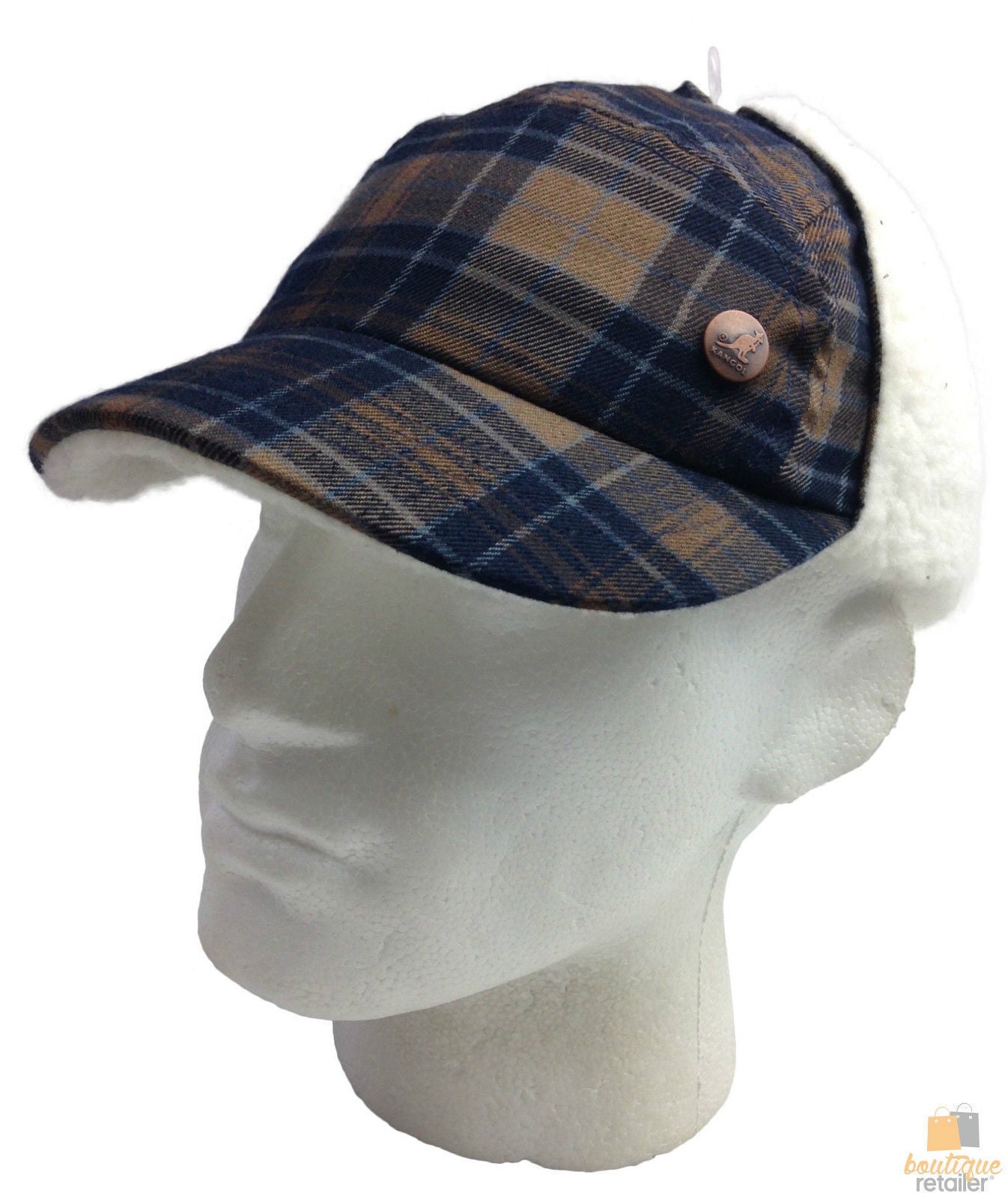 KANGOL Plaid Supre Ushanka Sherpa Chullo Lined Hat Warm Winter Ear Trapper Flying - Navy/Khaki - L/XL - Image 2