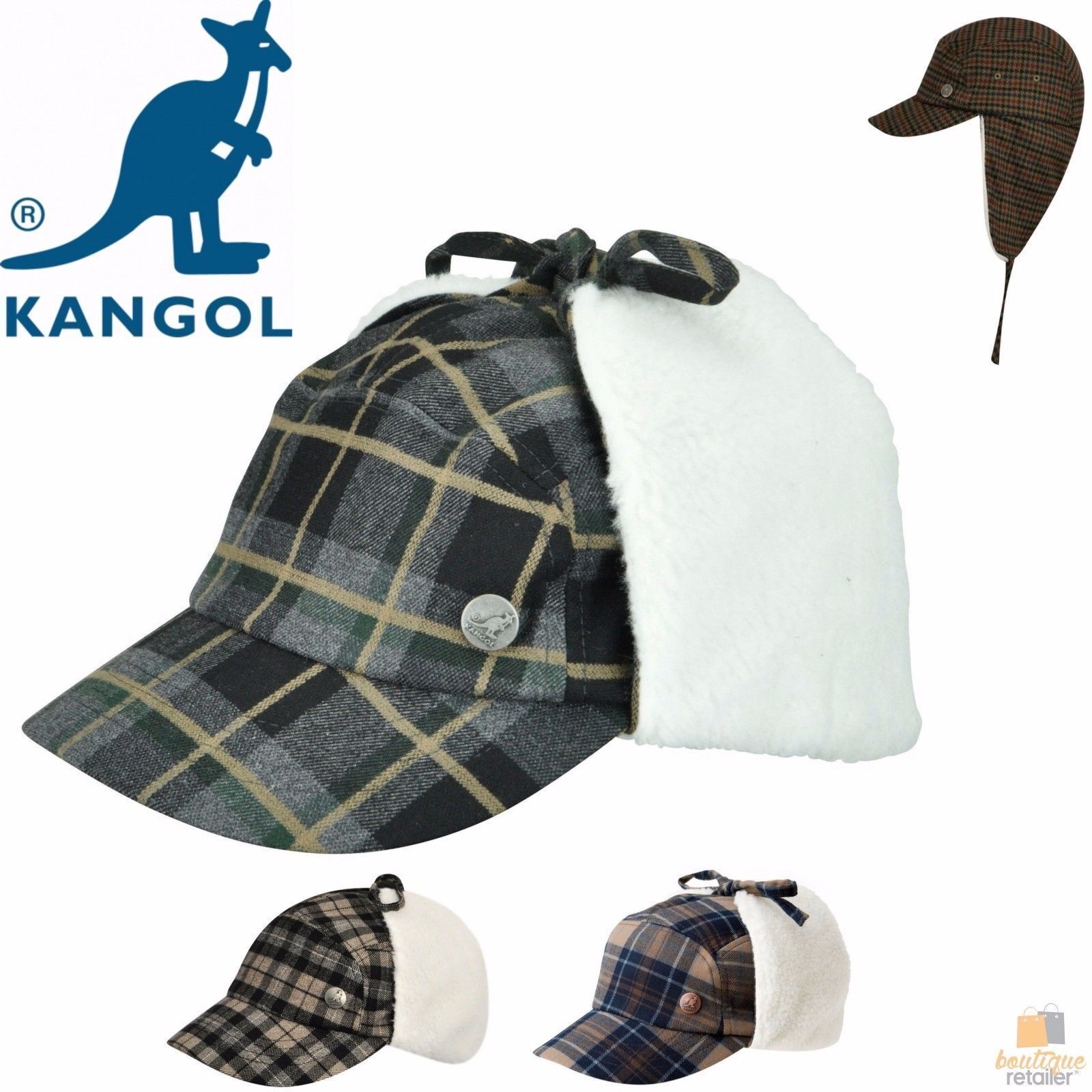 KANGOL Plaid Supre Ushanka Sherpa Chullo Lined Hat Warm Winter Ear Trapper Flying - Navy/Khaki - L/XL - Image 3