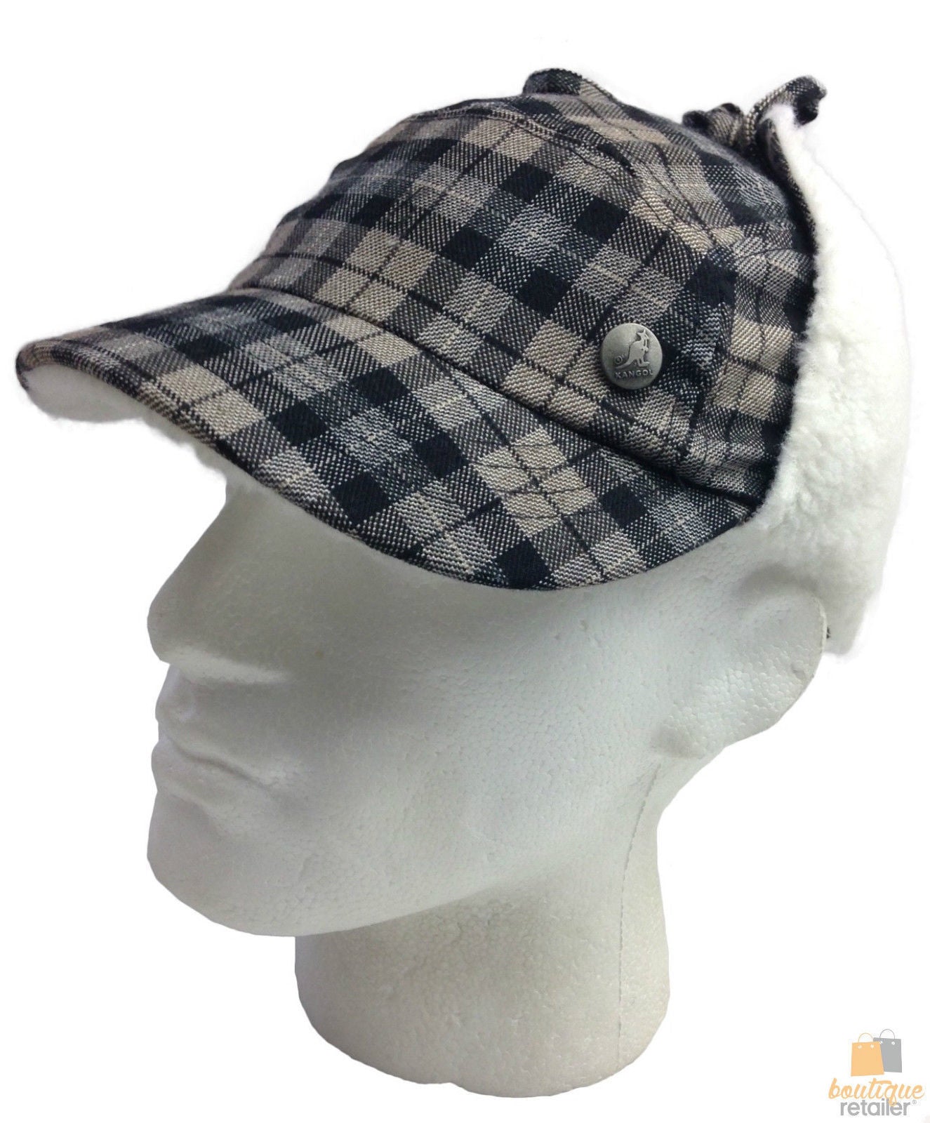 KANGOL Plaid Supre Ushanka Sherpa Chullo Lined Hat Warm Winter Ear Trapper Flying - Black/Grey - S/M - Image 2
