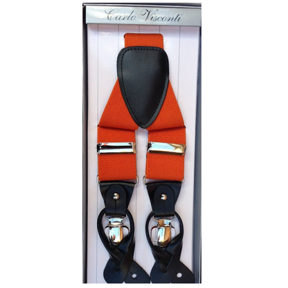 Mens Premium Convertible Suspenders Braces Clip On Elastic Y-Back Traditional Leather Tab - Orange - Image 2