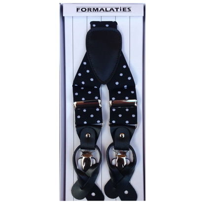 Mens Premium Convertible Suspenders Braces Clip On Elastic Y-Back Traditional Leather Tab - Polka Black/White - Image 2