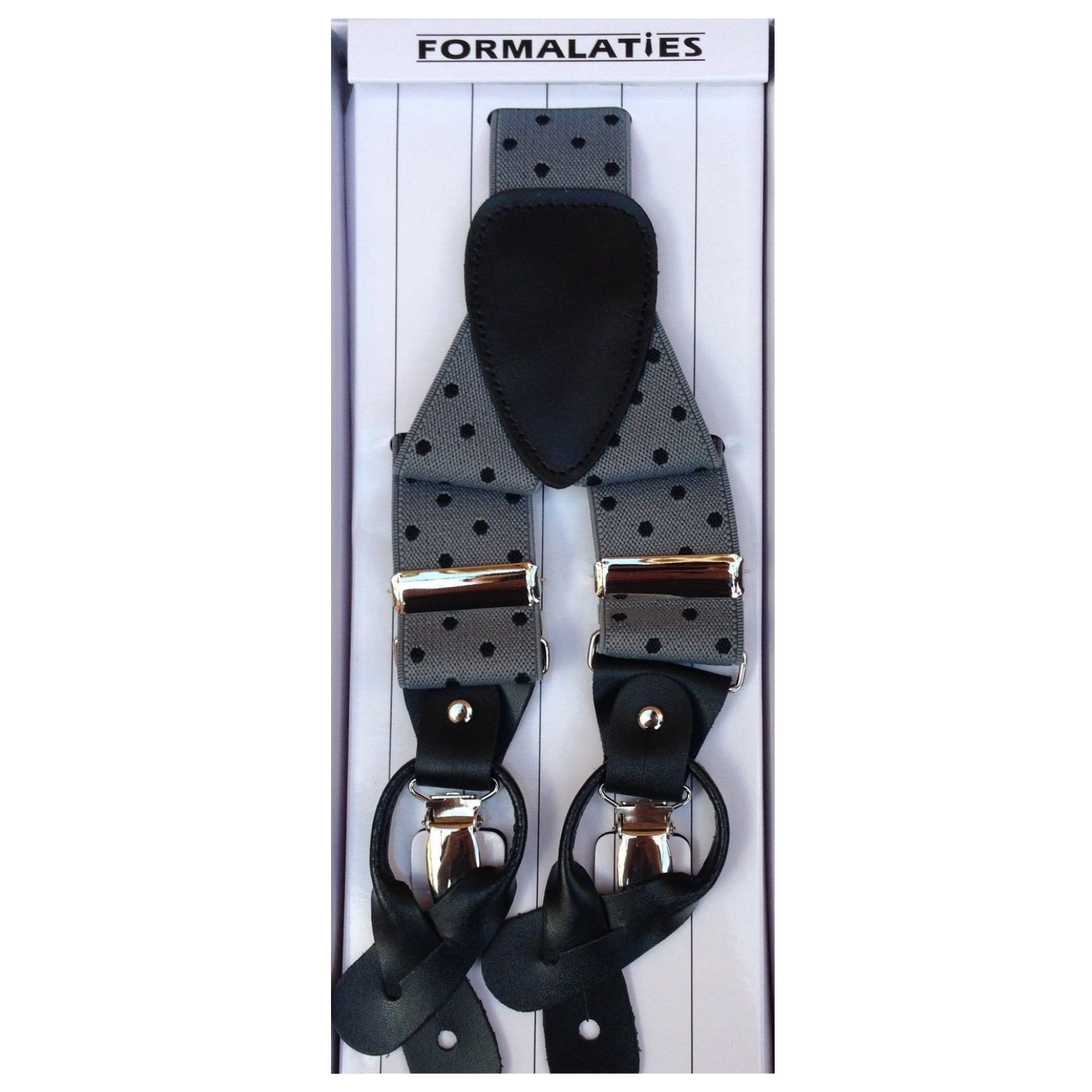 Mens Premium Convertible Suspenders Braces Clip On Elastic Y-Back Traditional Leather Tab - Polka Grey/Black - Image 2