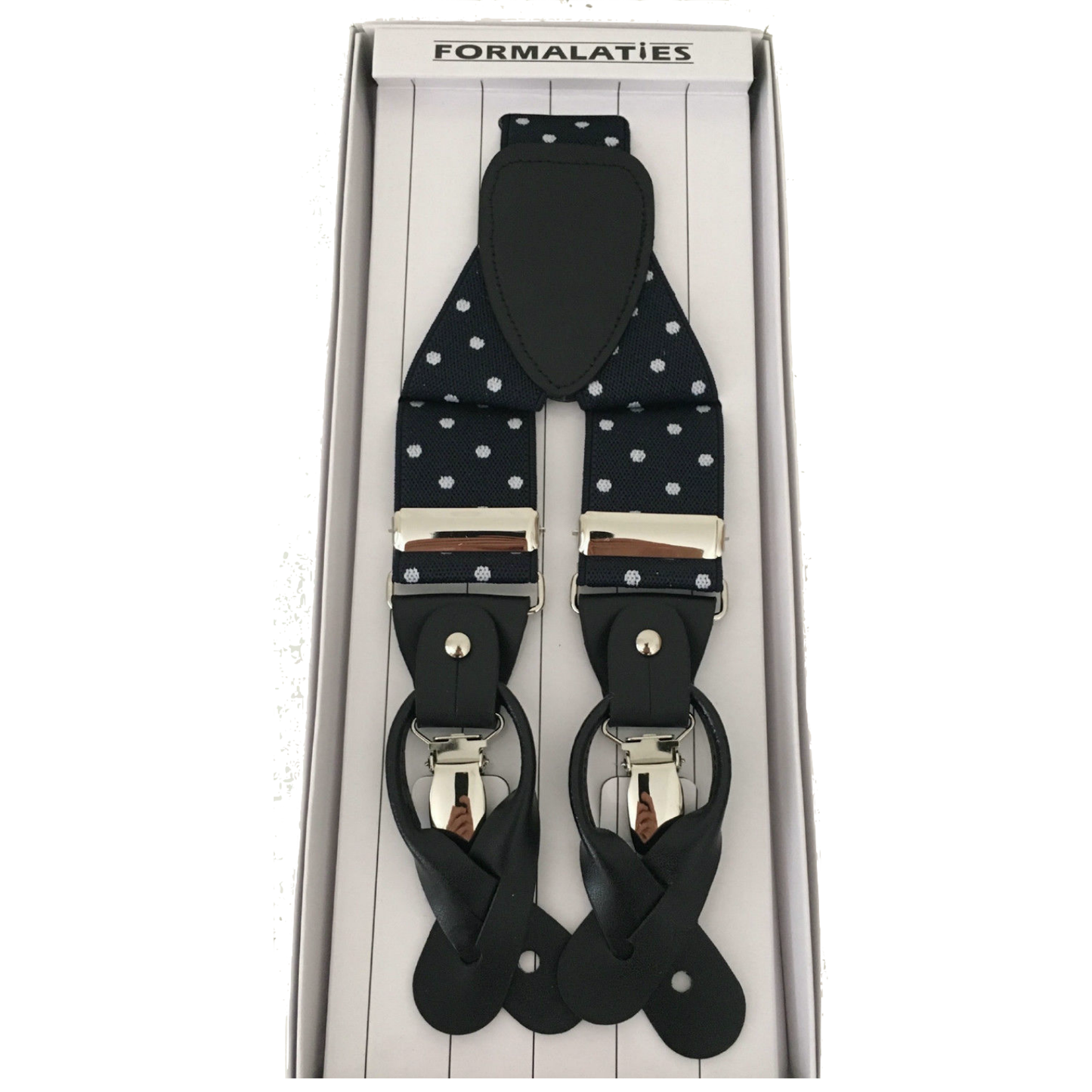 Mens Premium Convertible Suspenders Braces Clip On Elastic Y-Back Traditional Leather Tab - Polka Navy/White - Image 2