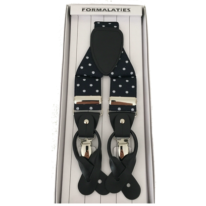Mens Premium Convertible Suspenders Braces Clip On Elastic Y-Back Traditional Leather Tab - Polka Navy/White - Image 2