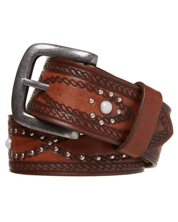 Mens Studded Genuine Buffalo Leather Belt Dual Size - Brown - Image 2