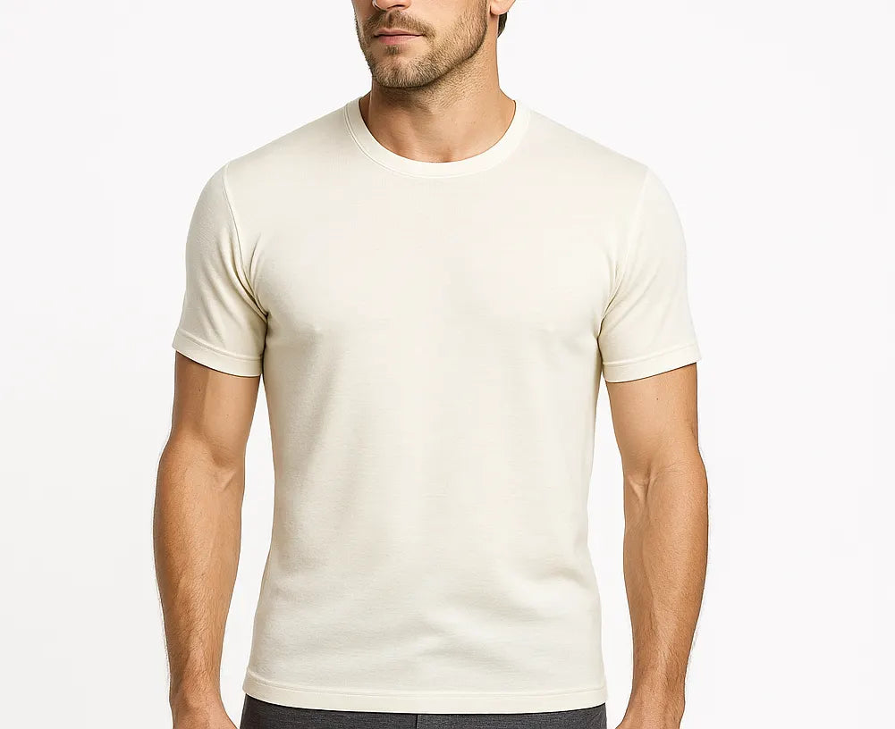 Mens 100% Pure Merino Wool Crew Neck Short Sleeve Top T Shirt Thermal Underwear - Natural - Image 2