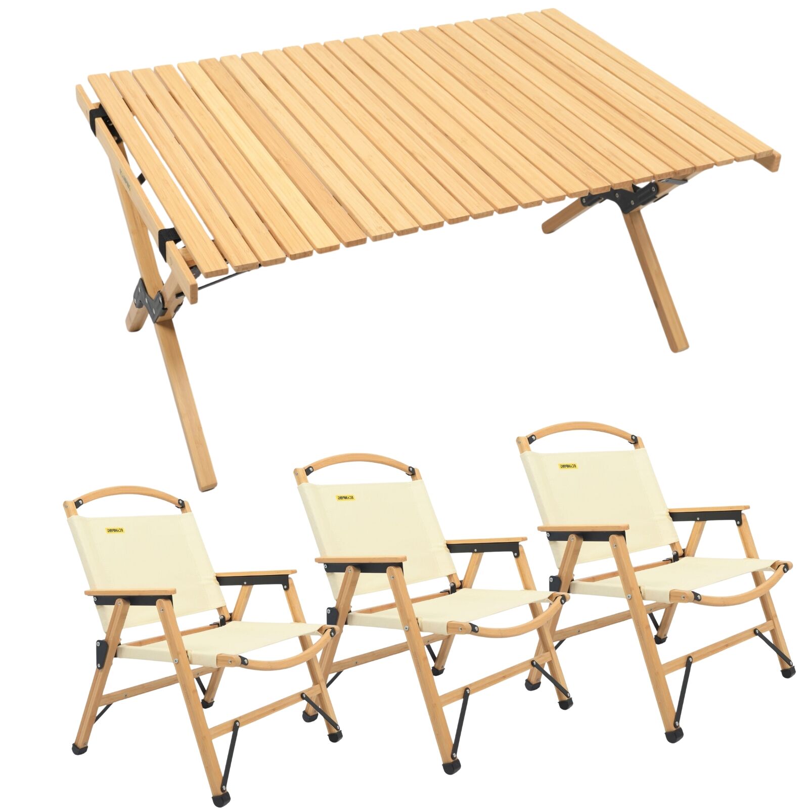 3 Chairs & 1 Table Set Bamboo Camping Folding Portable Outdoor Picnic Travel BBQ - Image 2