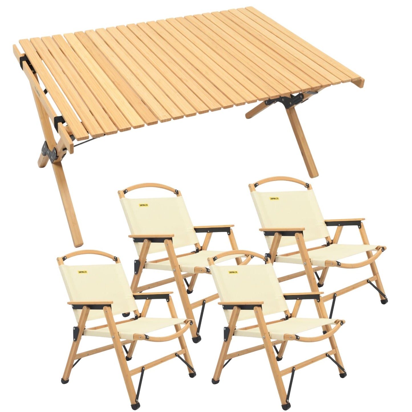 4 Chairs & 1 Table Set Bamboo Camping Folding Portable Outdoor Picnic Travel BBQ - Image 2