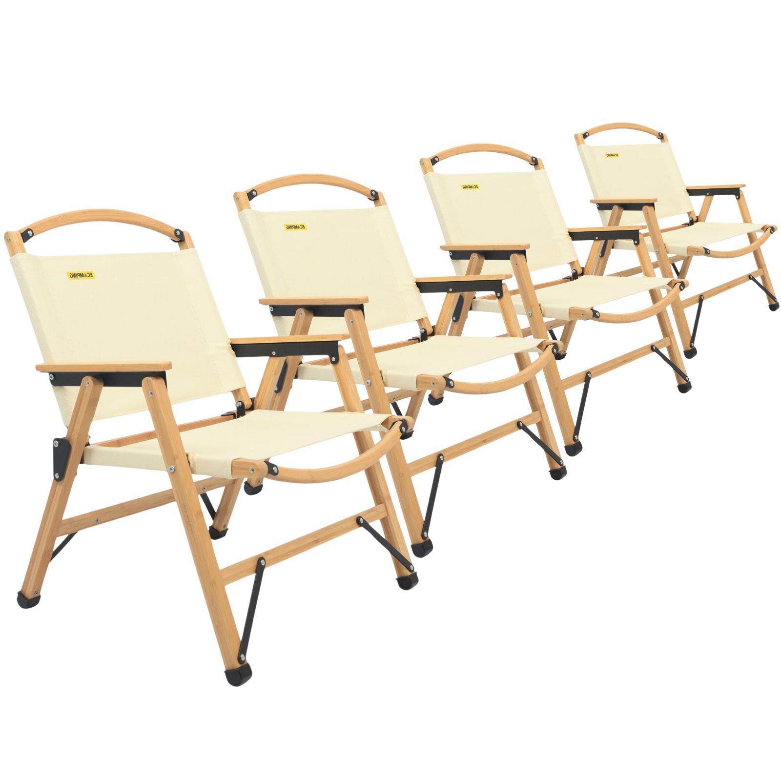 4x Bamboo Canvas Foldable Outdoor Camping Chair Wooden Picnic Park - Khaki/Beige - Image 2