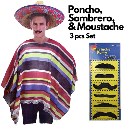 3pc Set Mens Mexican Poncho + Sombrero + Moustache Spanish Cowboy Costume Party - Image 2