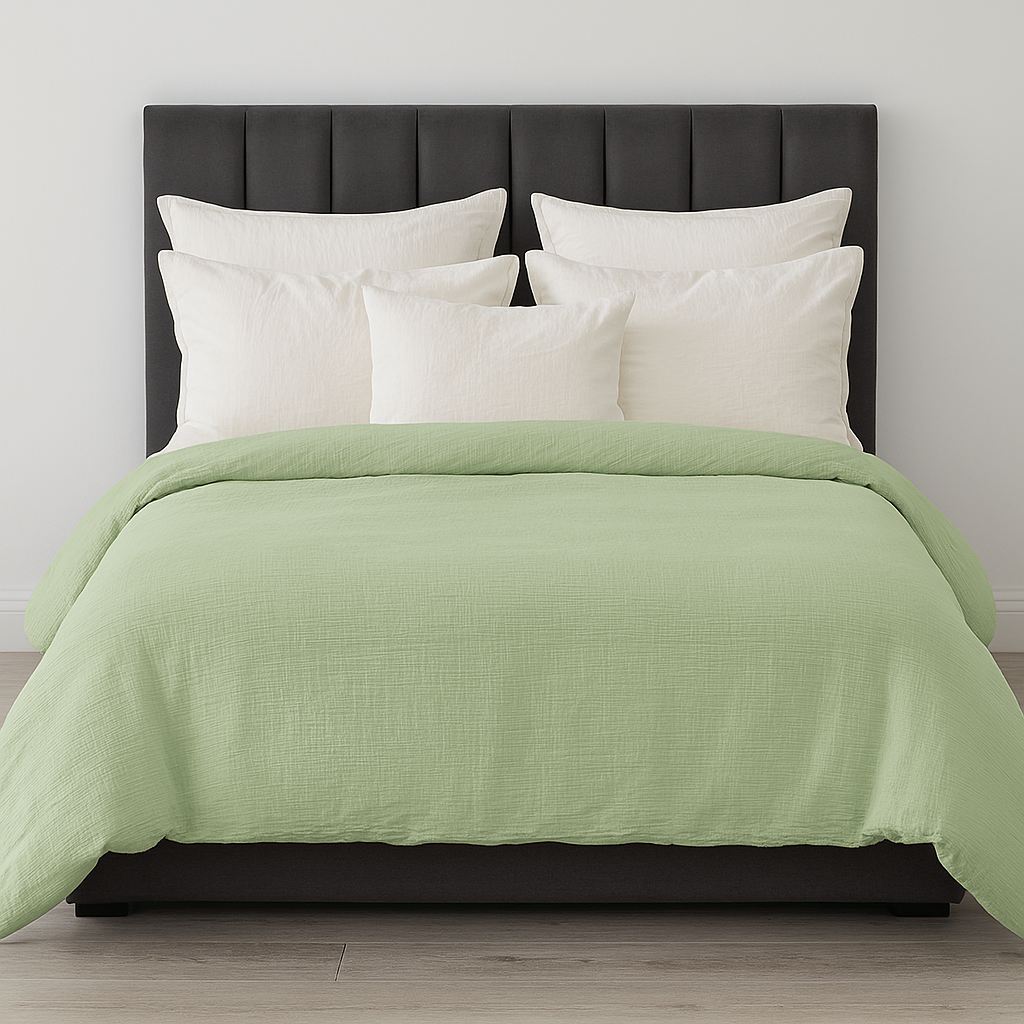 100% Cotton Muslin Duvet Quilt Cover Set w/ 2 Pillow Cases in Pastel Green - Double - Image 4