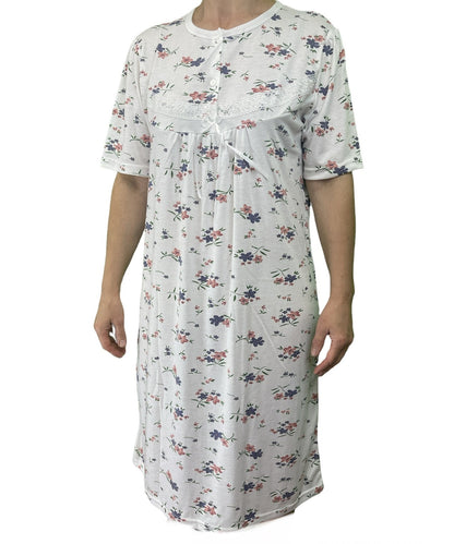 Womens Ladies Cotton Nightie Night Gown Slip Petticoat PJs Sleepwear Dress - White/Pink - 16 - Image 2