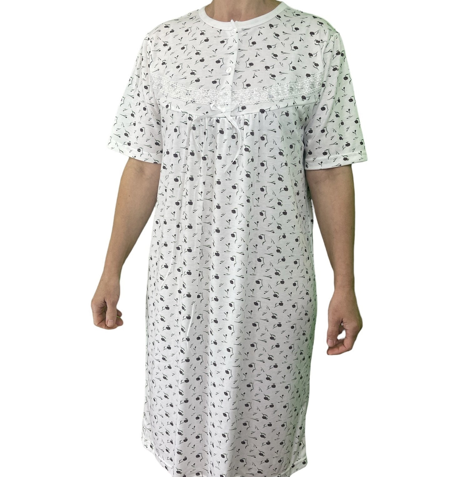 Womens Ladies Cotton Nightie Night Gown Slip Petticoat PJs Sleepwear Dress - White/Purple - 16 - Image 2