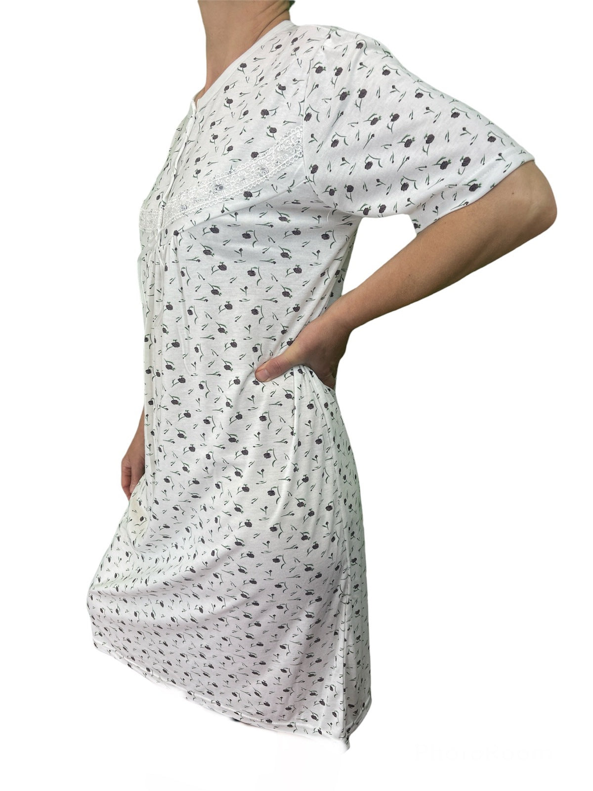 Womens Ladies Cotton Nightie Night Gown Slip Petticoat PJs Sleepwear Dress - White/Purple - 16 - Image 4