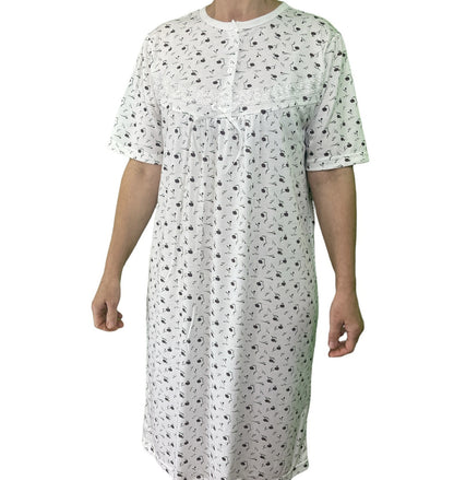 Womens Ladies Cotton Nightie Night Gown Slip Petticoat PJs Sleepwear Dress - White/Purple - 20 - Image 2