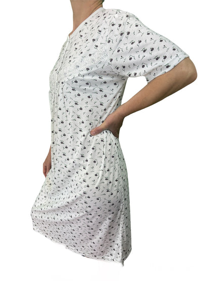 Womens Ladies Cotton Nightie Night Gown Slip Petticoat PJs Sleepwear Dress - White/Purple - 20 - Image 4