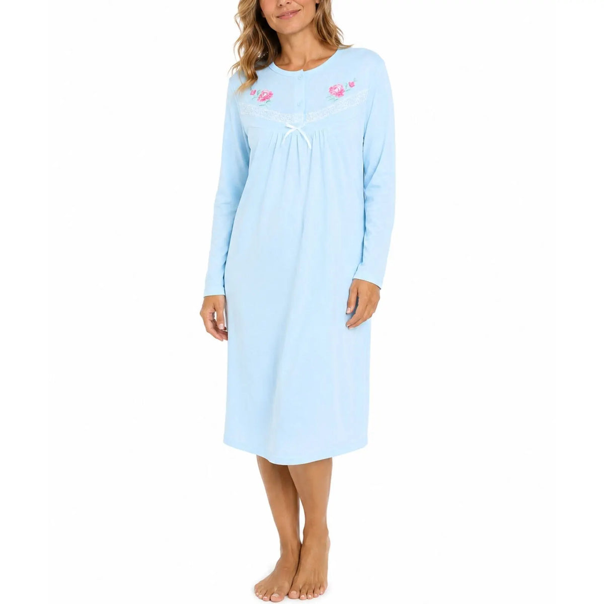 Womens Cotton Nightie Long Sleeve Night Gown Pyjamas Sleepwear Lace PJ - Blue - Image 2