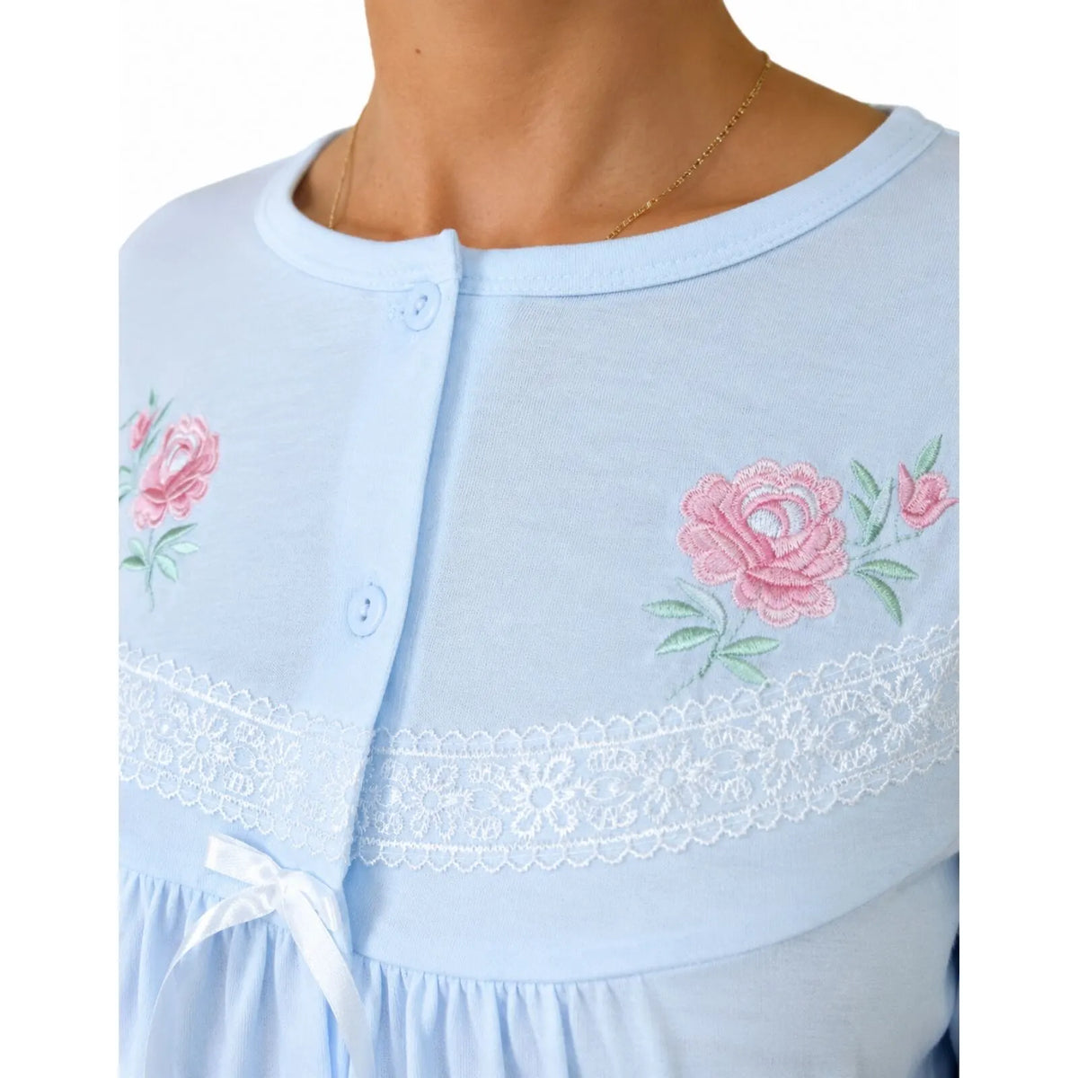 Womens Cotton Nightie Long Sleeve Night Gown Pyjamas Sleepwear Lace PJ - Blue - Image 4