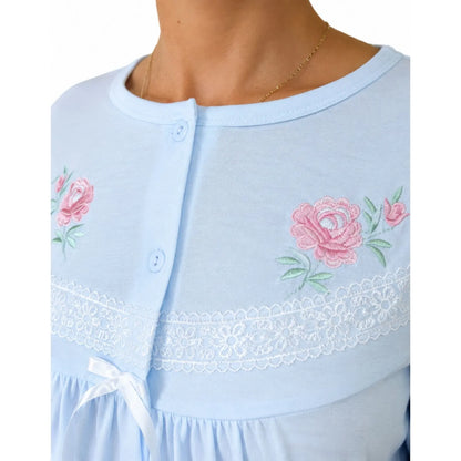 Womens Cotton Nightie Long Sleeve Night Gown Pyjamas Sleepwear Lace PJ - Blue - Image 4