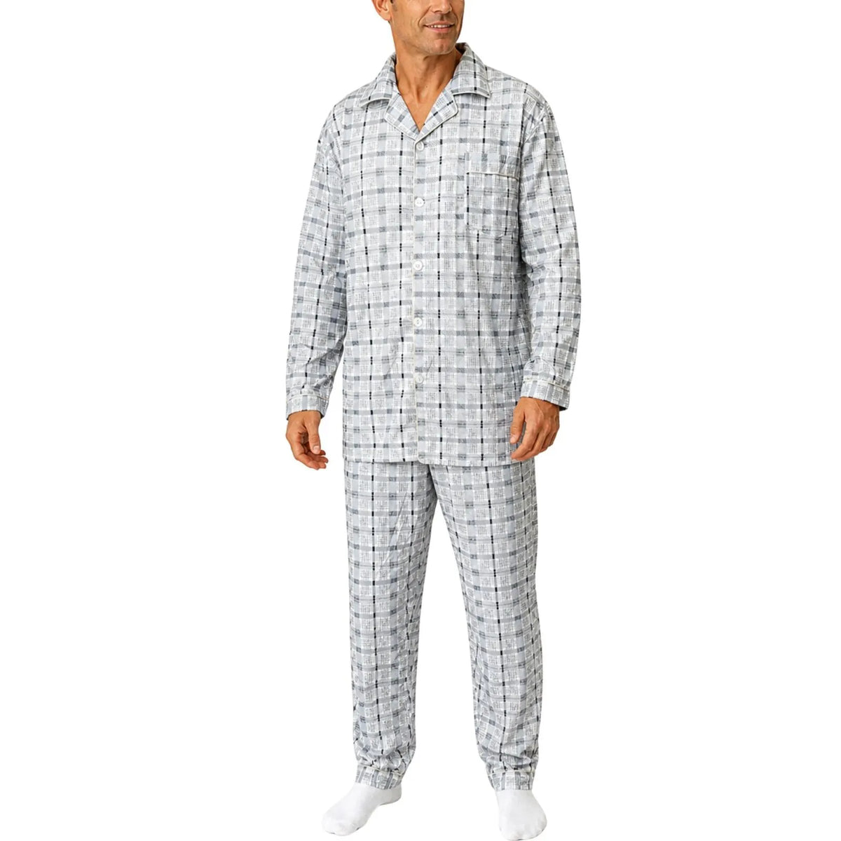 Mens Cotton Pyjama Set Long Sleeve Button Shirt Pants Sleepwear PJs - White/Blue - Image 2