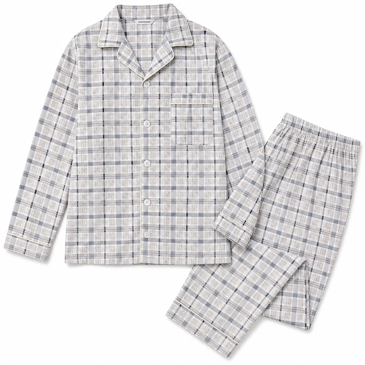 Mens Cotton Pyjama Set Long Sleeve Button Shirt Pants Sleepwear PJs - White/Blue - Image 4