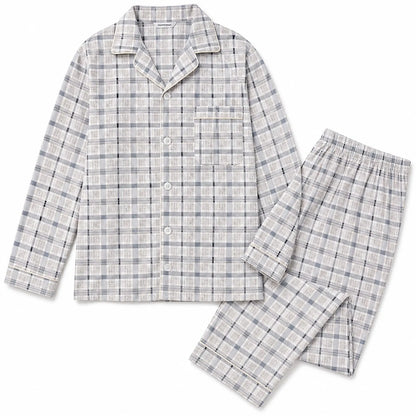 Mens Cotton Pyjama Set Long Sleeve Button Shirt Pants Sleepwear PJs - White/Blue - Image 4