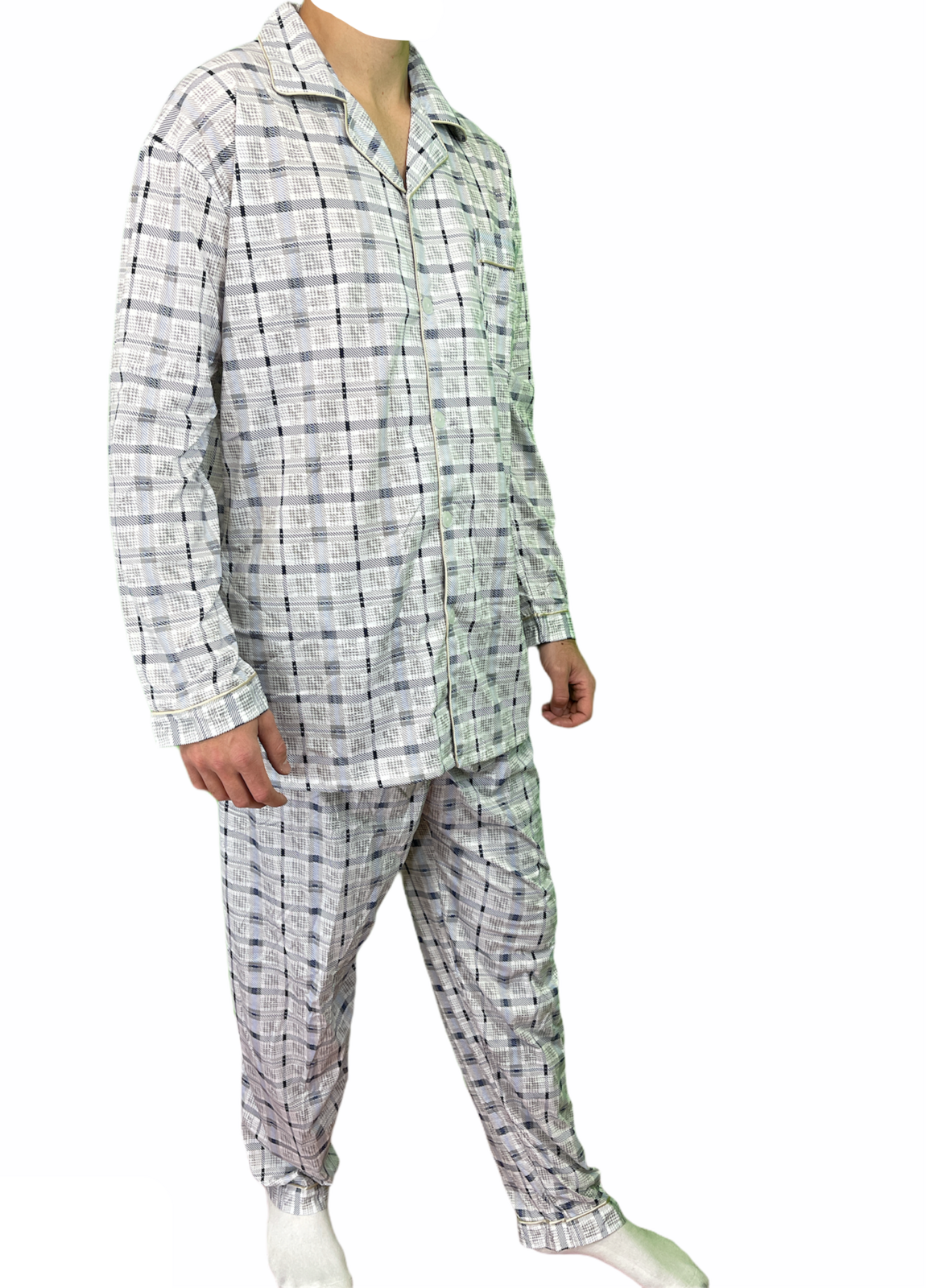 Mens Cotton Pyjama Set Long Sleeve Button Shirt Pants Sleepwear PJs - White/Blue - S