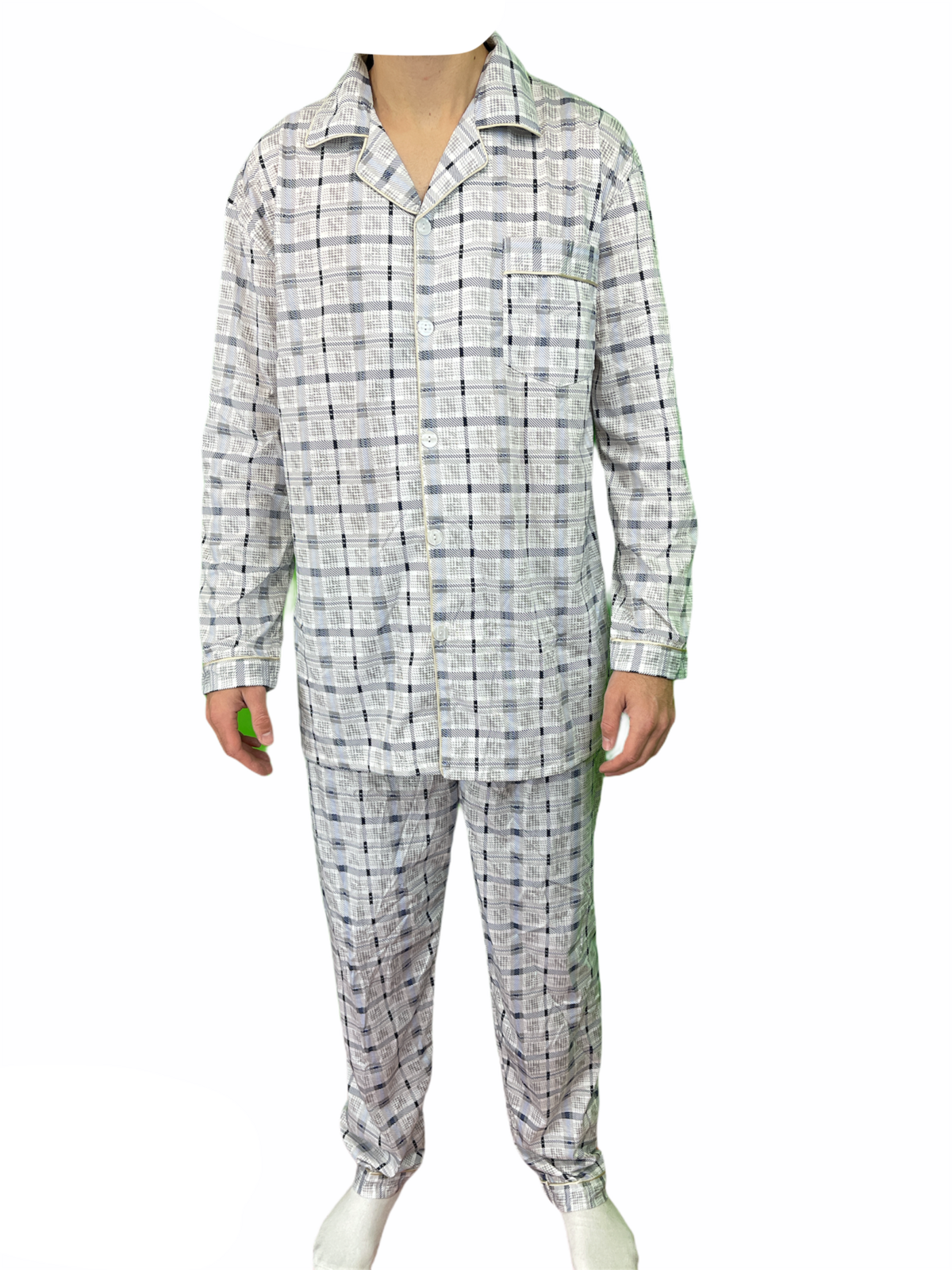 Mens Cotton Pyjama Set Long Sleeve Button Shirt Pants Sleepwear PJs - White/Blue - XXL - Image 2