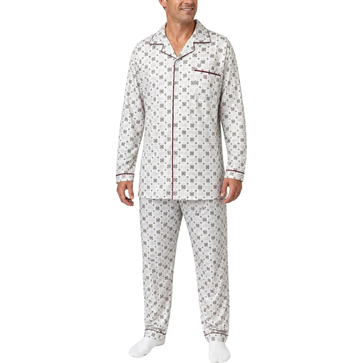 Mens Cotton Pyjama Set Long Sleeve Button Shirt Pants Sleepwear PJ - White/Brown - Image 2