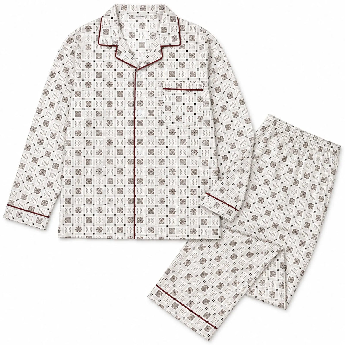 Mens Cotton Pyjama Set Long Sleeve Button Shirt Pants Sleepwear PJ - White/Brown - Image 4