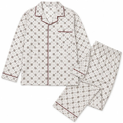 Mens Cotton Pyjama Set Long Sleeve Button Shirt Pants Sleepwear PJ - White/Brown - Image 4