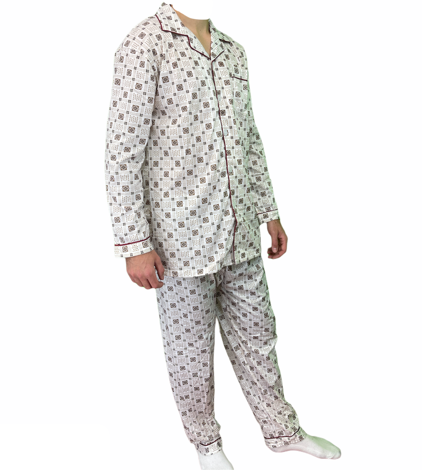 Mens Cotton Pyjama Set Long Sleeve Button Shirt Pants Sleepwear PJ - White/Brown - XL - Image 4
