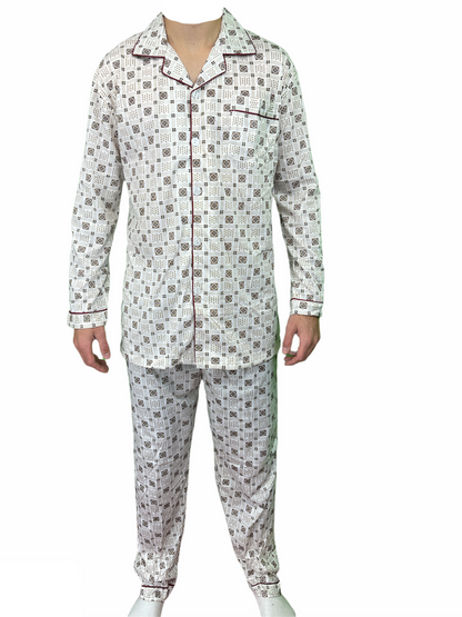 Mens Cotton Pyjama Set Long Sleeve Button Shirt Pants Sleepwear PJ - White/Brown - XXL - Image 2