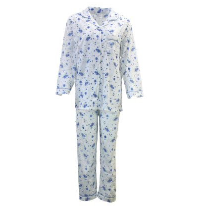 Womens Pyjama Set 100% Cotton Long Sleeve Button Up PJs Sleepwear - Blue Floral - 12 - Image 2