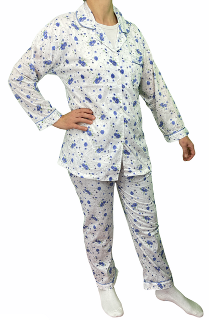Womens Pyjama Set 100% Cotton Long Sleeve Button Up PJs Sleepwear - Blue Floral - 12 - Image 4