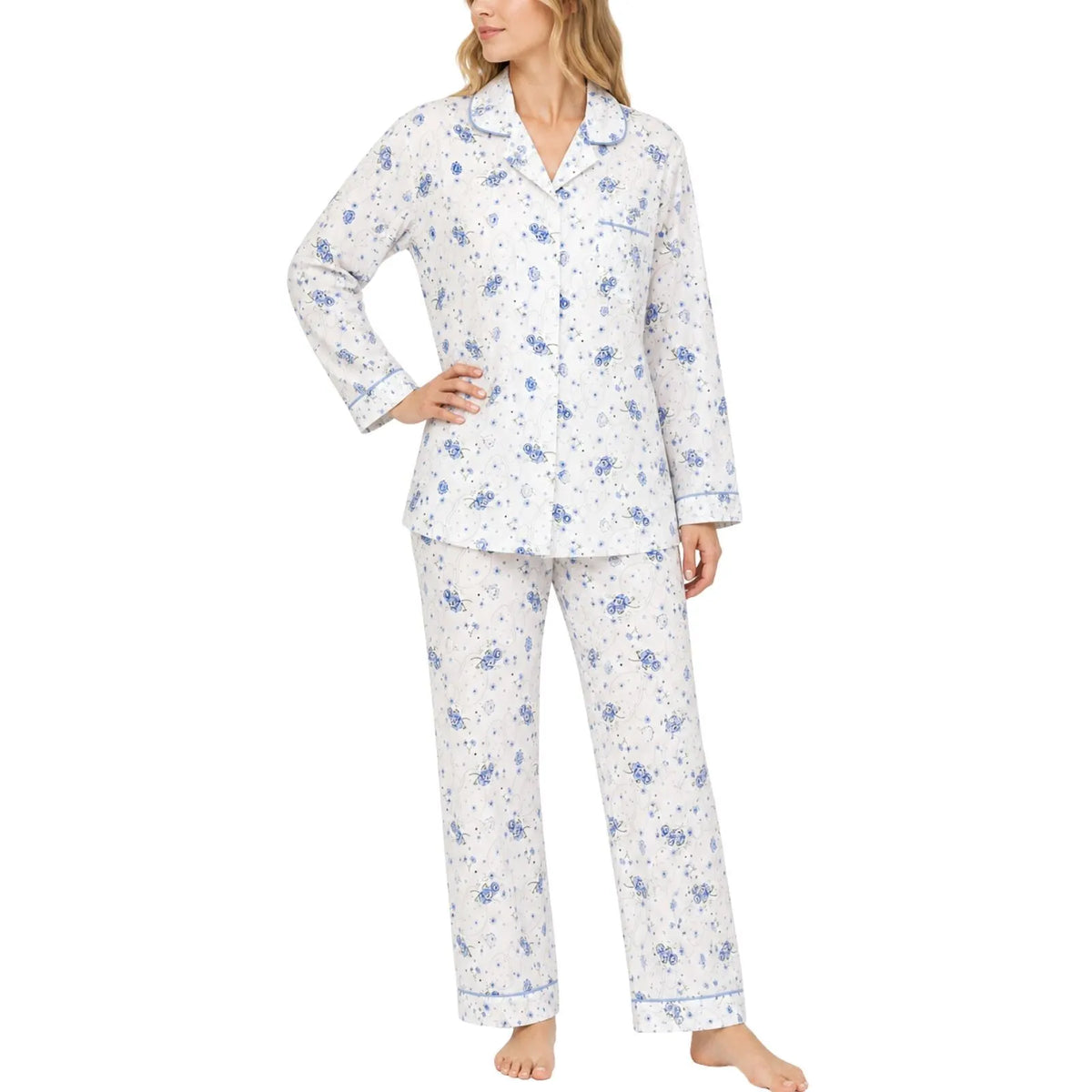 Womens Pyjama Set 100% Cotton Long Sleeve Button Up PJs Sleepwear - Blue Floral