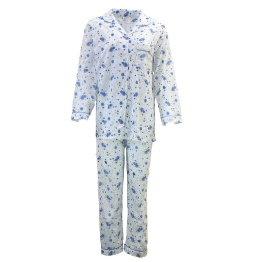 Womens Pyjama Set 100% Cotton Long Sleeve Button Up PJs Sleepwear - Blue Floral - 18
