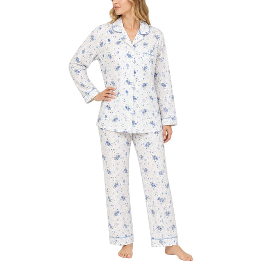 Womens Pyjama Set 100% Cotton Long Sleeve Button Up PJs Sleepwear - Blue Floral - Image 2