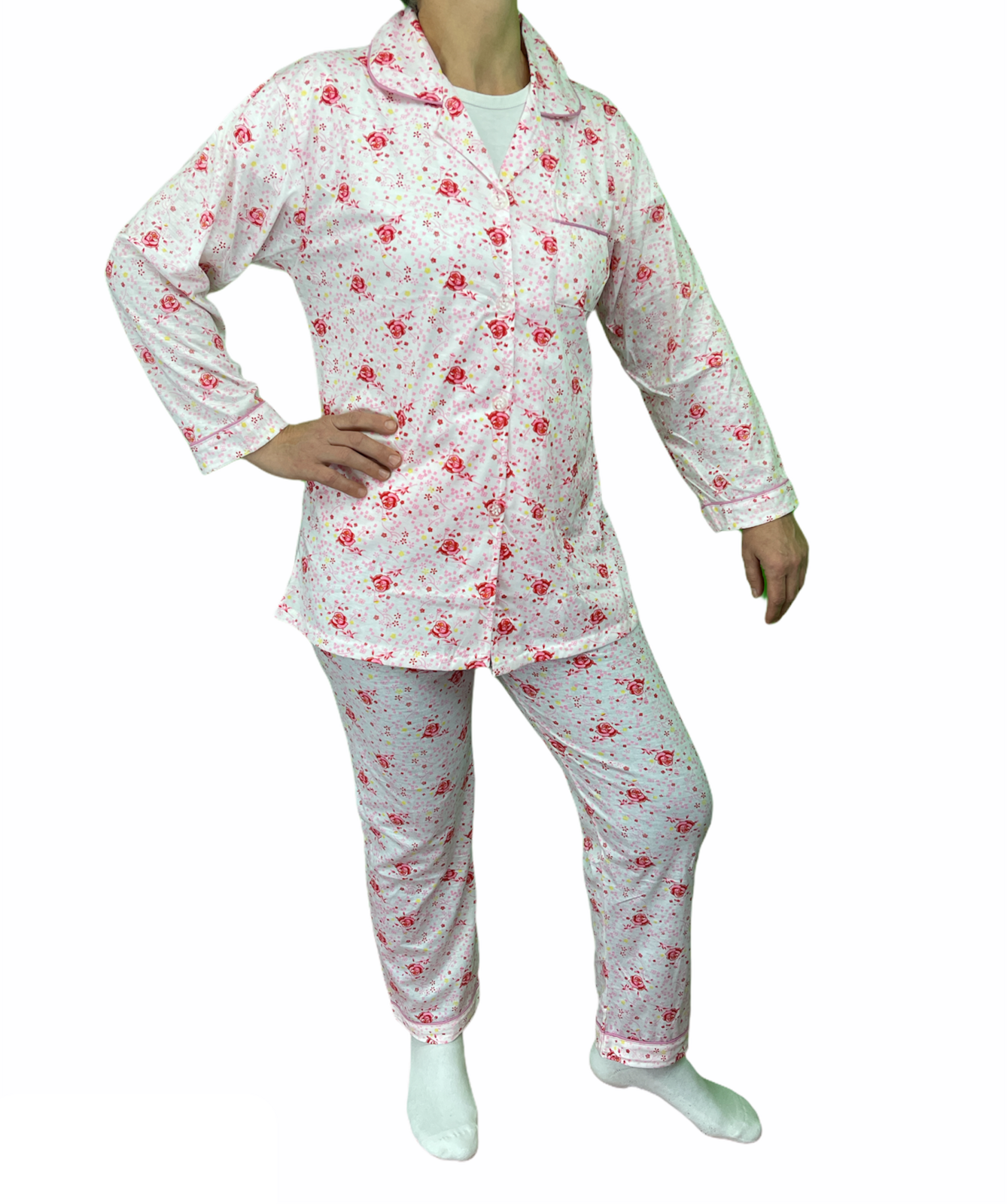 Womens Pyjama Set 100% Cotton Long Sleeve Button Up PJs Sleepwear - Pink Floral - 12 - Image 4