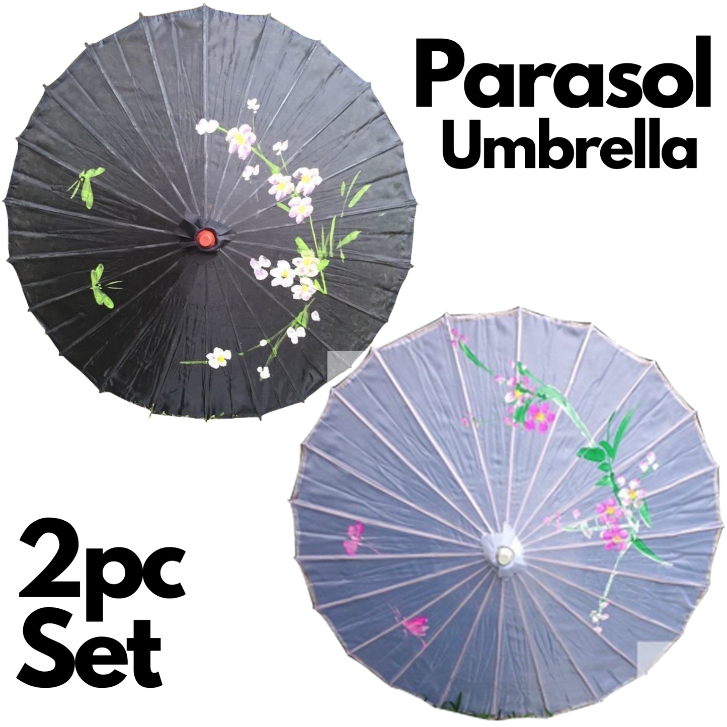 2pc Set Parasol Umbrella Black + White Chinese Japanese Bamboo Flower Pattern - Image 2