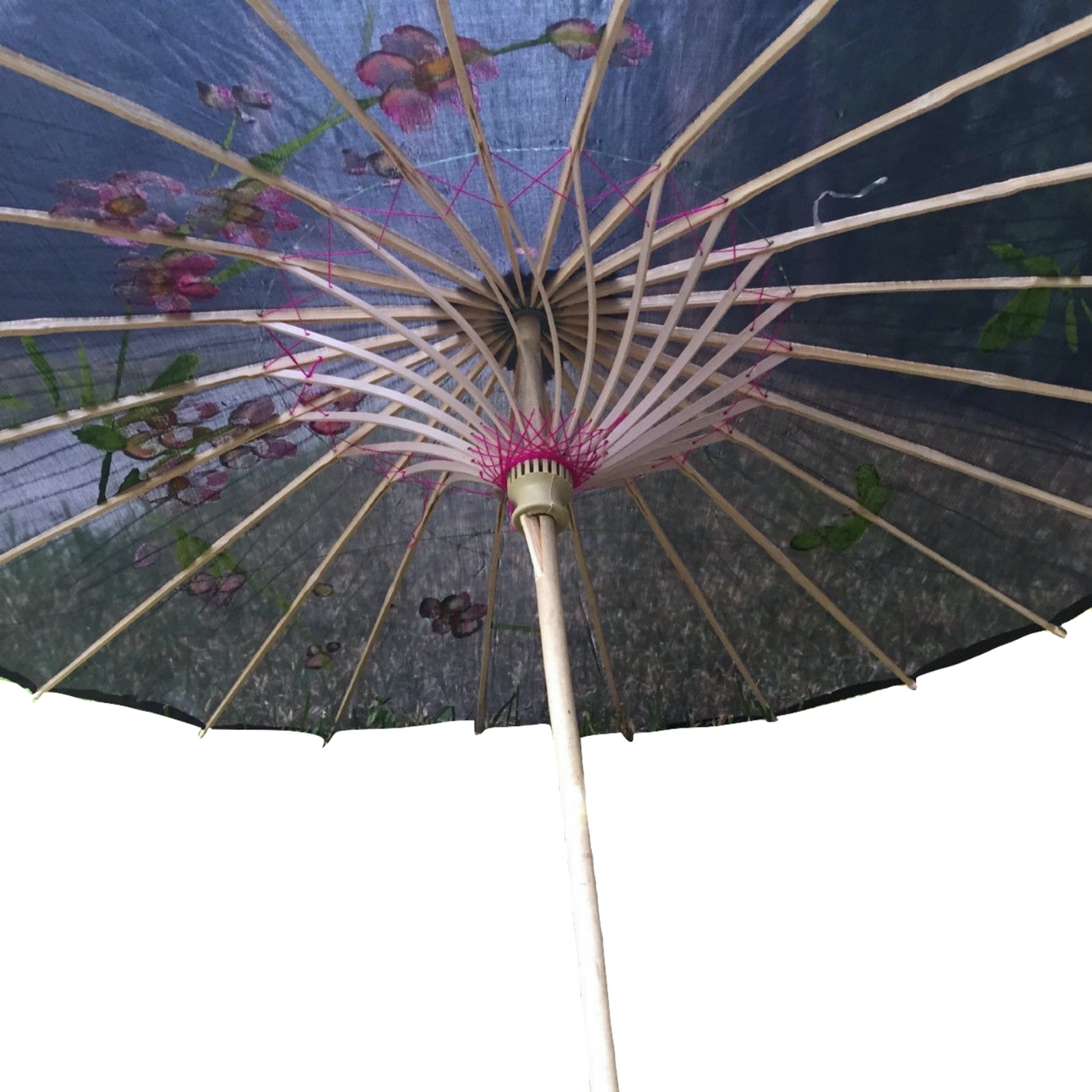 2pc Set Parasol Umbrella Black + White Chinese Japanese Bamboo Flower Pattern - Image 5