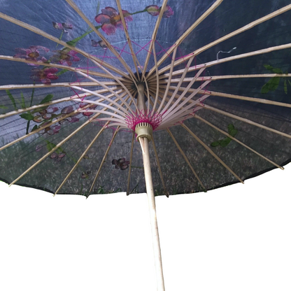 2pc Set Parasol Umbrella Black + White Chinese Japanese Bamboo Flower Pattern - Image 5